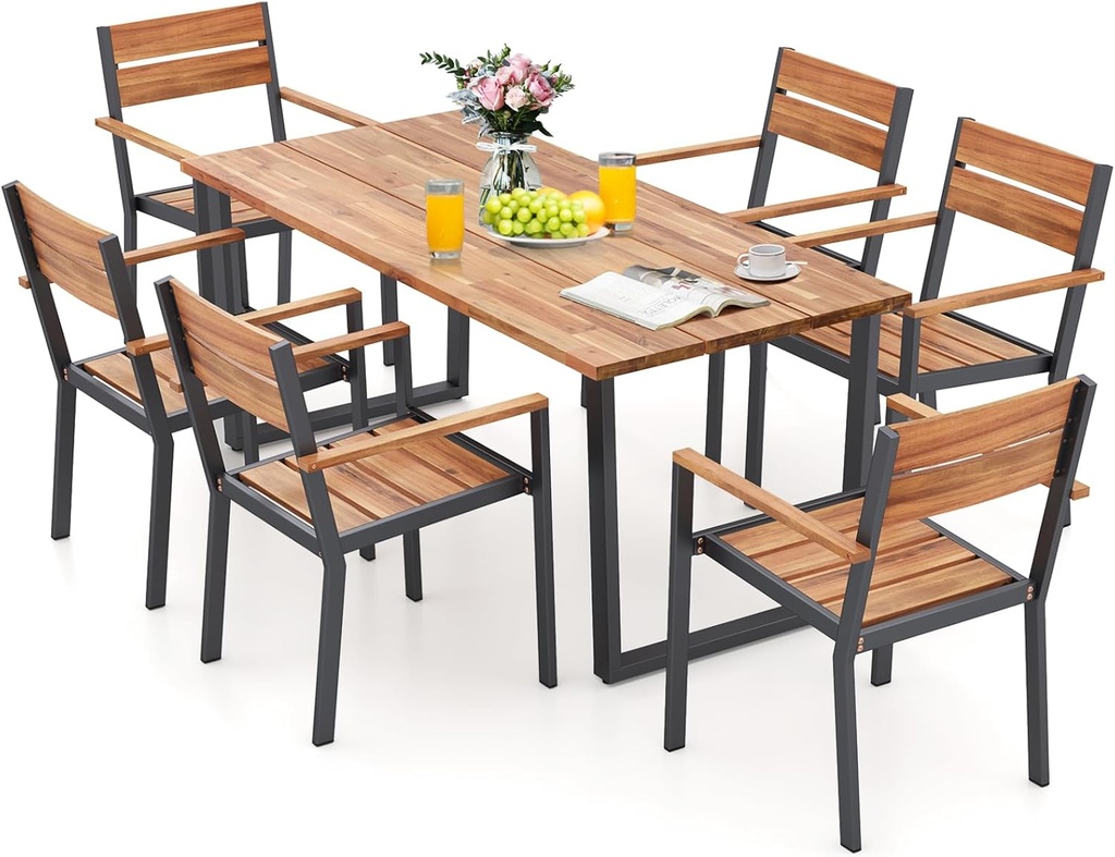 KOTEK 7 Piece Patio Dining Set, Acacia Wood Outdoor Dining Furniture Set for 6 with Stackable Chairs, 2'' Umbrella Hole, Outdoor Table and Chairs for Backyard, Deck, Garden
