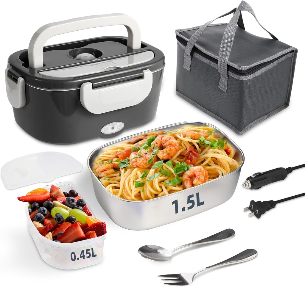 Electric Lunch Box, 12V/24V/110V Portable Food Warmer with SS Fork & Spoon for Car/Truck/Office, 80W Self Heating Lunch Box with 1.5L 304 Stainless Steel Container & 0.45L PP Fruit Box Beige