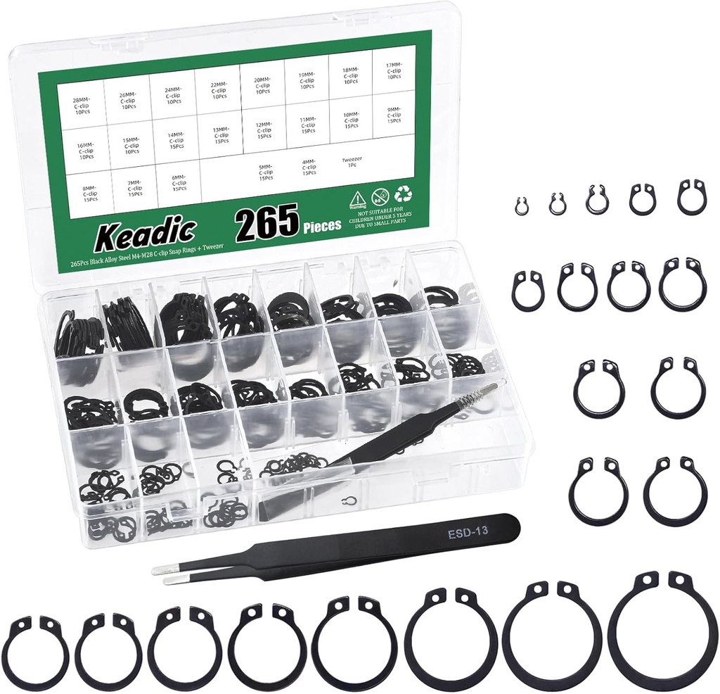 Keadic 266Pcs 21 Sizes Alloy Steel C-clip External Retaining Rings Assortment Kit, [M4 to M28] Circlip Snap Rings C Clips for Grooved Shafts Pins Studs