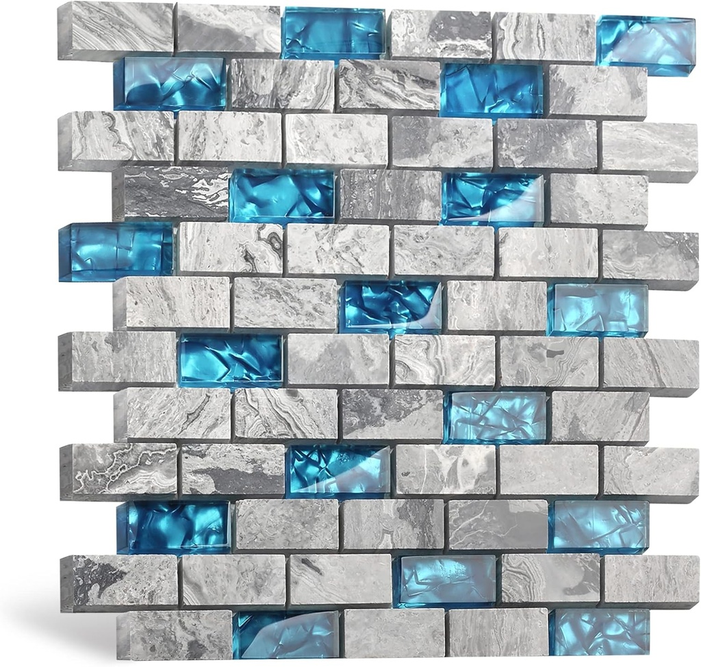 Blujellyfish Neptune Marble Mosaic Tile Teal Blue Natural Grey 1'' x 2'' Subway Brick Pattern Wall Backsplash Mosaics (Pack of 5 Sheets)