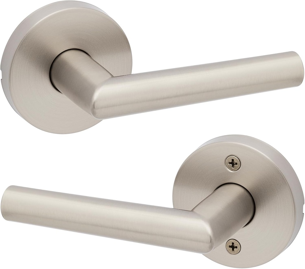 Kwikset Milan Interior Passage Door Handle, Lever For Closet and Hallway Doors, Reversible Non-Locking Handle Lever, Satin Nickel
