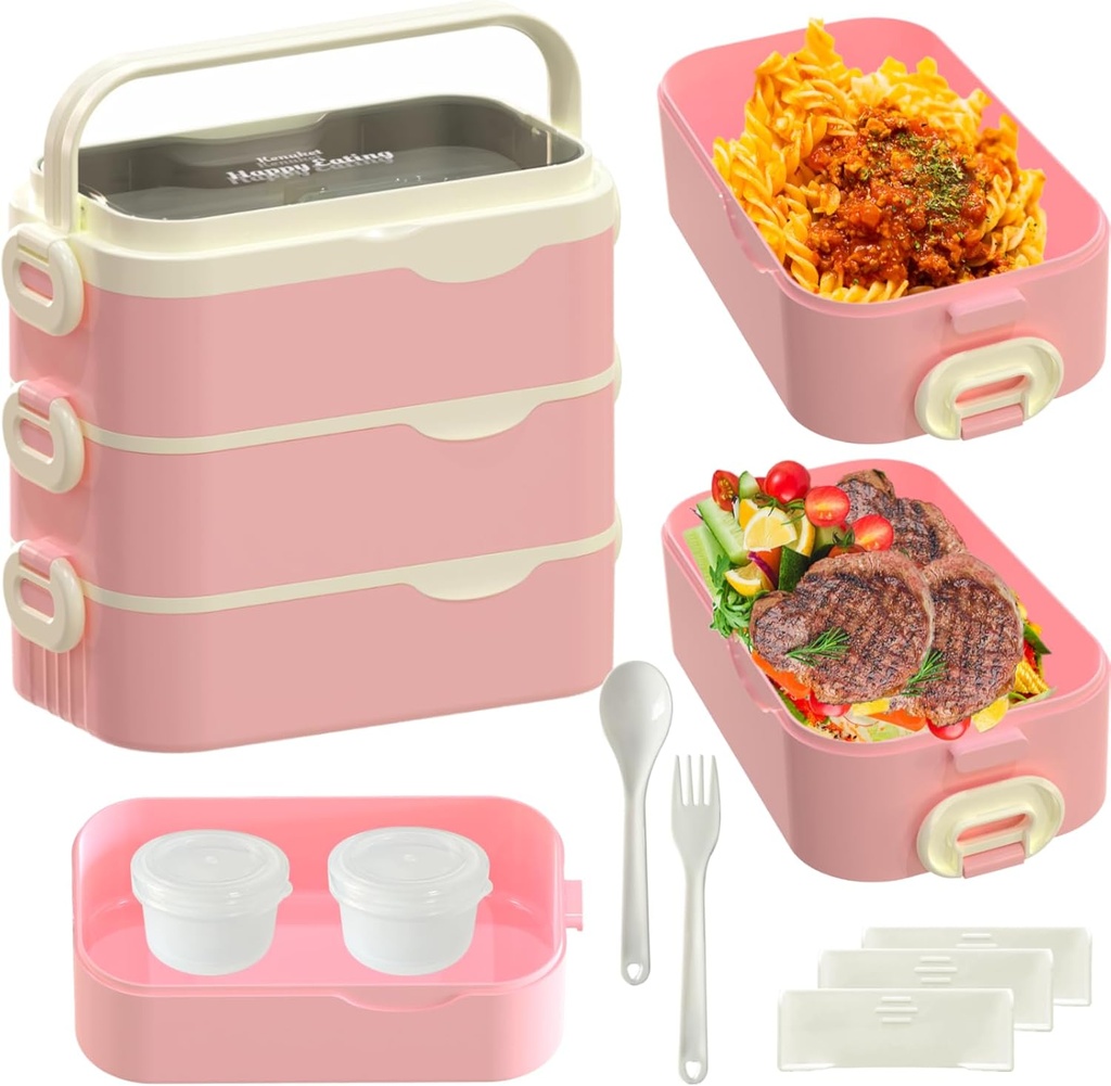 Bento Box Adult Lunch Box, Stackable 3 Layers Large Capacity Lunch Containers, Microwave and Dishwasher Safe Food Grade Containers with Utensils, Dividers and Sauce Boxes for Men, Women, Kids