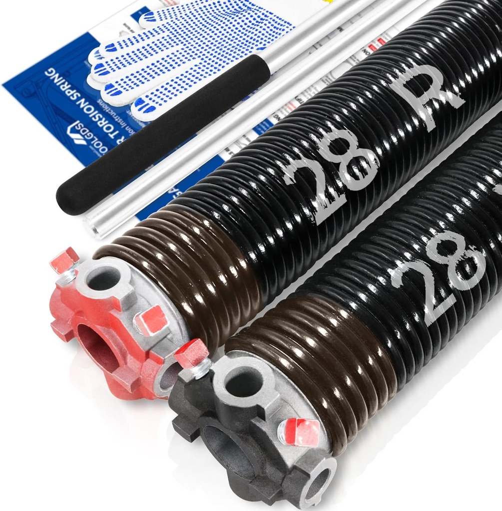 Pair of 2" Garage Door Torsion Springs Set with Non-Slip Winding Bars & Gloves, High Precision Electrophoresis Oil-Free Black Coated for Replacement, MIN 16,000 Cycles (0.234x 2" x 28'')
