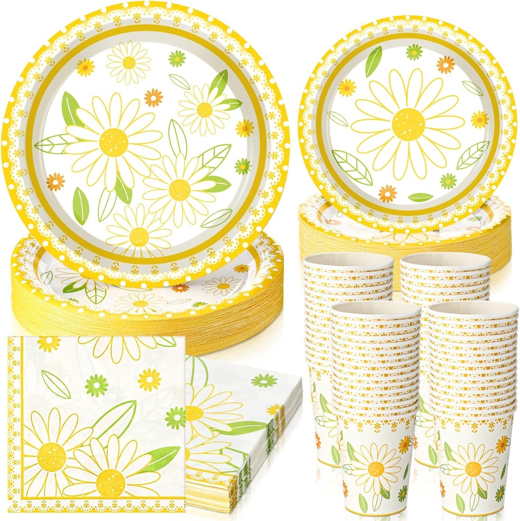 Irenare 200 Pcs Yellow Daisy Floral Party Plates Supplies - Disposable Dessert Paper Plates, Napkins, Cups - Birthday Decorations Dinnerware Set for Birthday, Baby Shower, Summer Theme Party