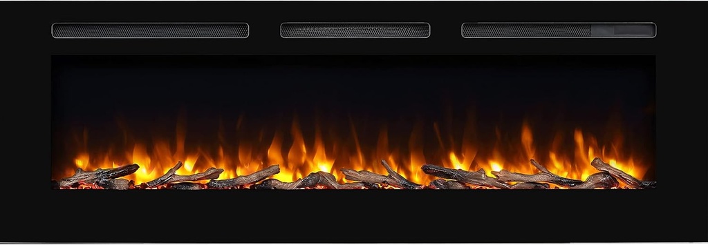 PuraFlame Alice 60 Inches Recessed Electric Fireplace, Flush Mounted for 2 X 6 Stud, Log Set & Crystal, 1500W Heater, Remote Control, Black