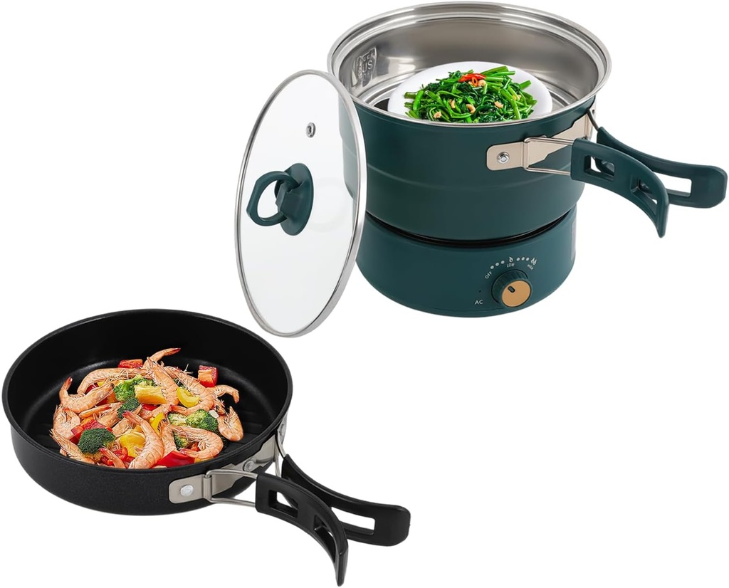 Portable Electric Hot Pot with Foldable Handles, Non-stick Frying Pan, Mini Hot Pot, Multi-Functional Noodle Cooker for Pasta, Steak with Power Adjustment