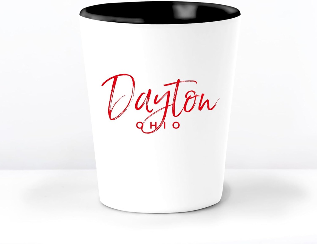 Dayton OH Ceramic 1.5 Ounce Souvenir Shot Glass - White With Black Interior - Bachelor & Bachelorette Party Favors - Bridesmaid & Groomsmen Present - Ohio Home Town Decoration
