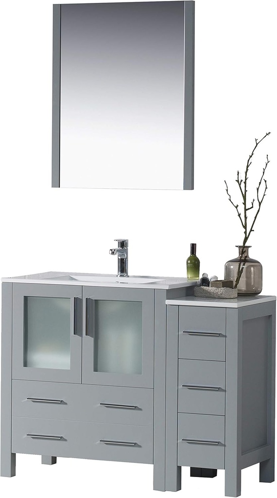 Blossom 42” Bathroom Vanity with Ceramic Sink, Side Cabinet and Mirror – Solid Wood, Soft Close Drawers, Ample Storage, Durable Build - Storage Cabinet for Small & Large Bathrooms, Metal Grey