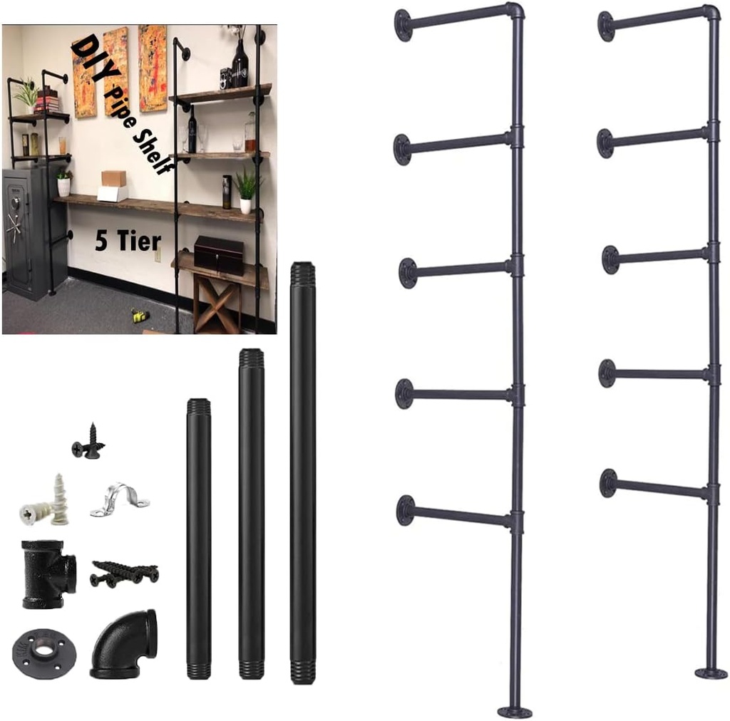 5 tier Industrial Wall Mount Iron Pipe Shelf Shelving Bracket Vintage Retro Ceiling Hung shelf DIY Open Bookshelf Storage for office Room Kitchen (2PcsX5Tier,70" Tall,12"deep,Hardware Only)
