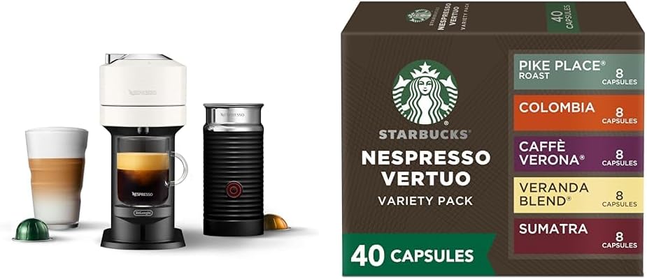 Nespresso Vertuo Next Coffee and Espresso Maker by De'Longhi with Aeroccino Milk Frother, White + Starbucks Capsules, Vertuo Line