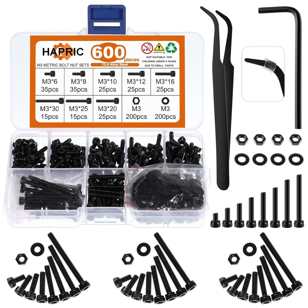 600 Pcs M3 Screws Assortment Kit, M3x 6/8/10/12/16/20/25/30mm M3 Screw Kits 12.9 Alloy Steel Nuts and Bolts Assortment Kit Black Zinc Plated Hex Socket Head Screws Nuts Bolts and Washers Set