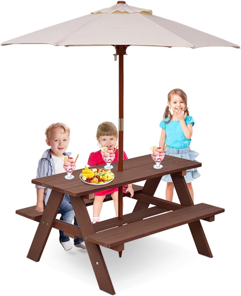 BETTARY Kids Picnic Table, Wooden Toddler Activity Table with Removable Umbrella, Children Backyard Furniture for Patio, Garden, Gift for Girls & Boys, Kids Table and Bench Set for Outdoors Indoors
