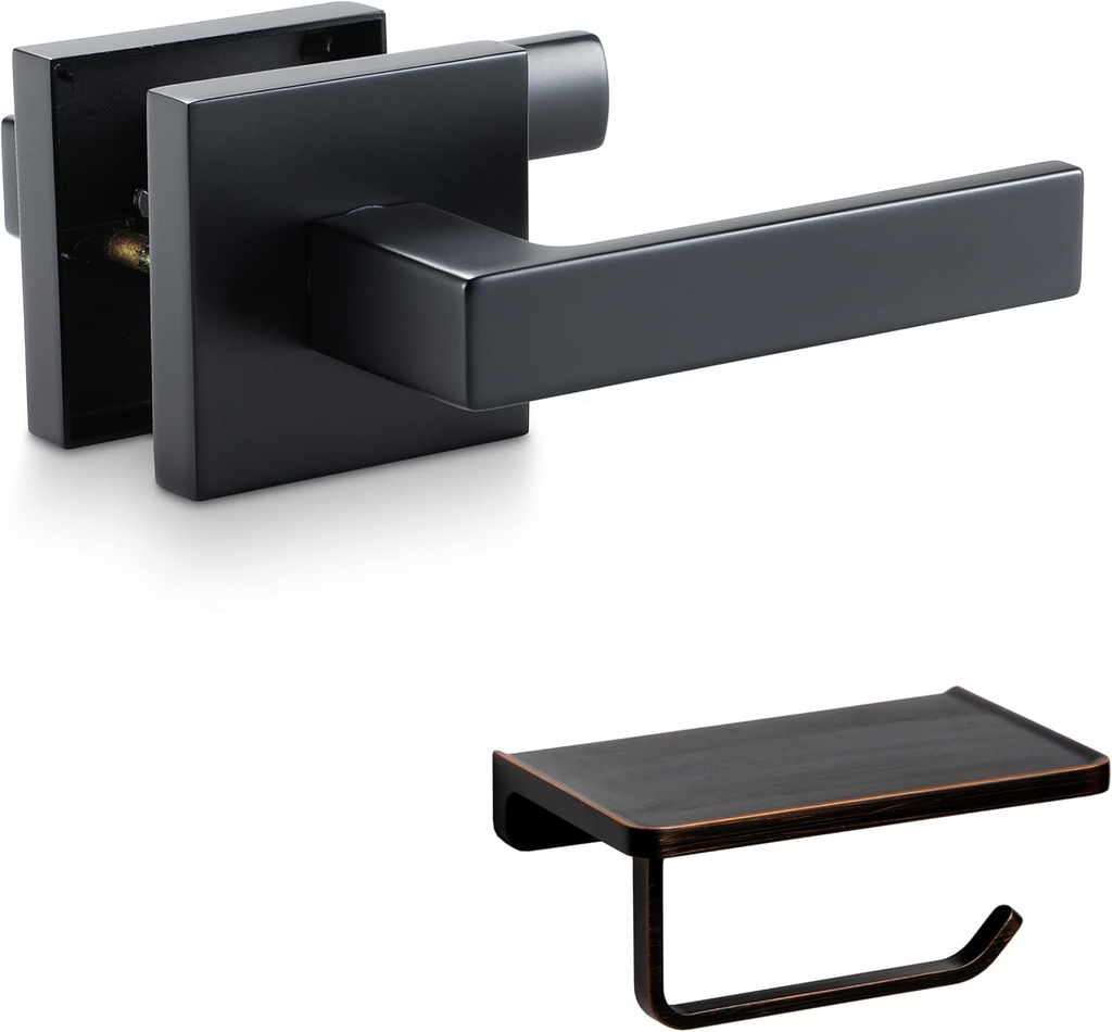 Linkaa Bathroom Accessories Bedroom Bathroom Hardware (Black Door Lever Set （Passage,no Lock,1 Pack） + Toilet Paper Holder with Shelf Oil Rub Bronze 1 Pack