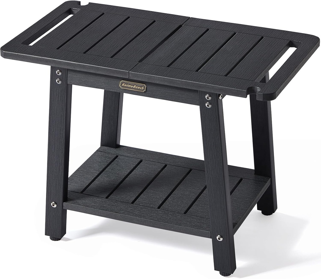 HDPS Shower Benches, Black Shower Stool for Shaving Legs with Shelf, Waterproof Bathroom Chair Seat, Weather Resistant/Non-Slip/Handles/Indoor or Outdoor Use