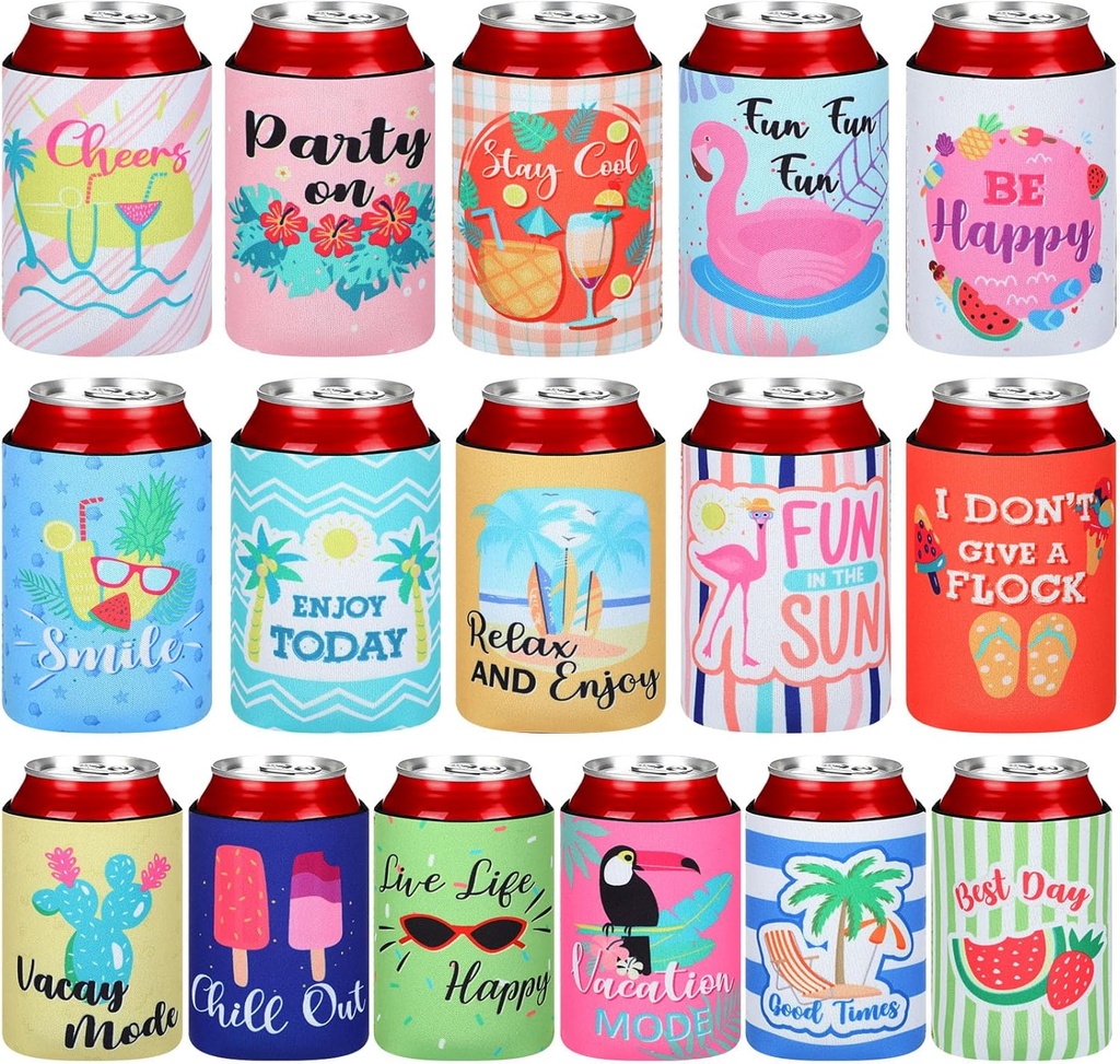 16 Pcs Beer Can Sleeves Neoprene Can Cooler Sleeves Funny Can Cover Insulated Beach Themed for Beverages Soda Bottles Summer Party Favors
