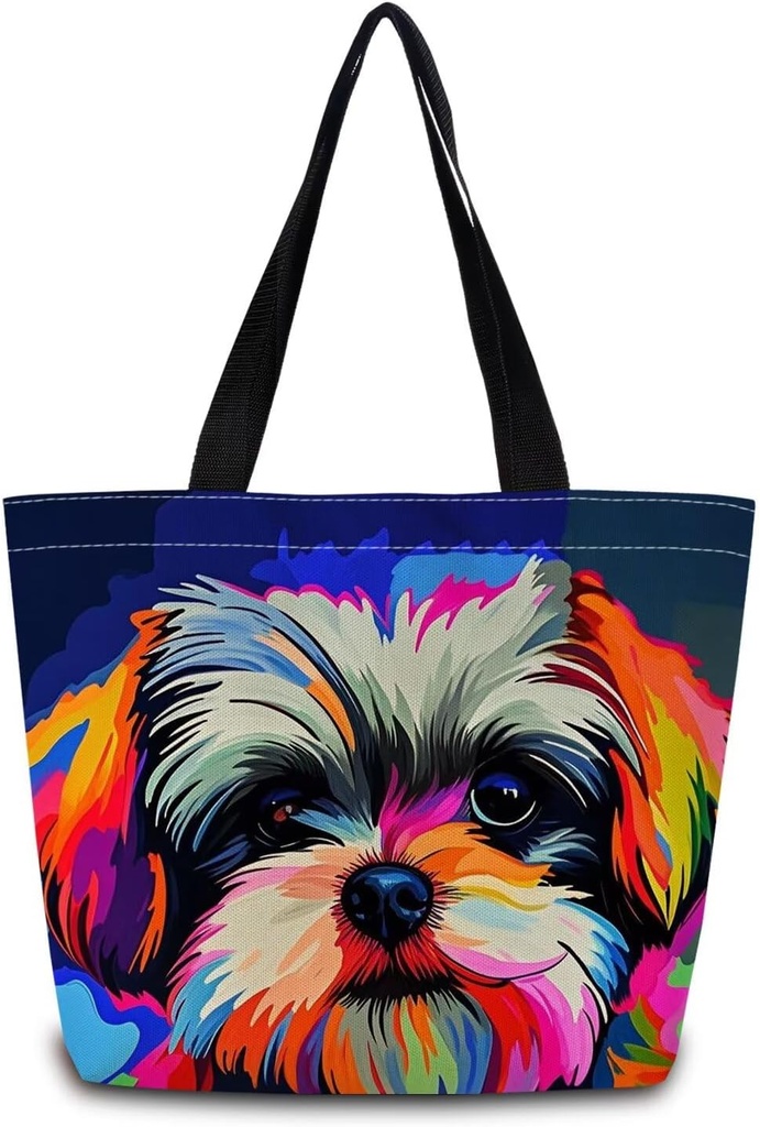 Colorful Shih Tzu Tote Bag Reusable Grocery Bags Aesthetic Shopping Shoulder Handbag with Interior Zipper Pocket Stylish Colorful Shih Tzu Present for Dog Lovers Women