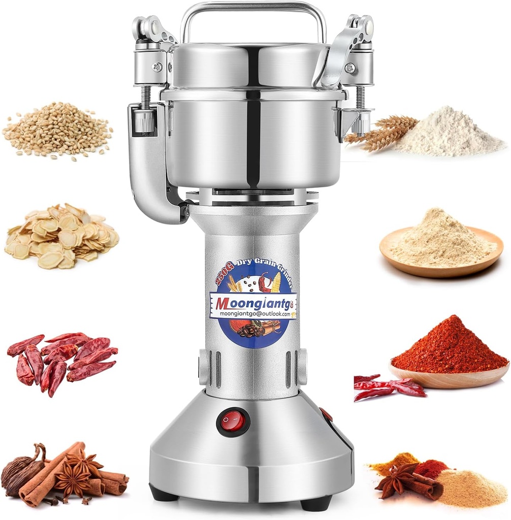 Moongiantgo 250g Safety Grain Mill Grinder 950W High-speed Electric Stainless Steel Dry Spice Grinder Pulverizer for Wheat Corn Rice Pepper Herbs Coffee Beans Dried Mushrooms, 110V