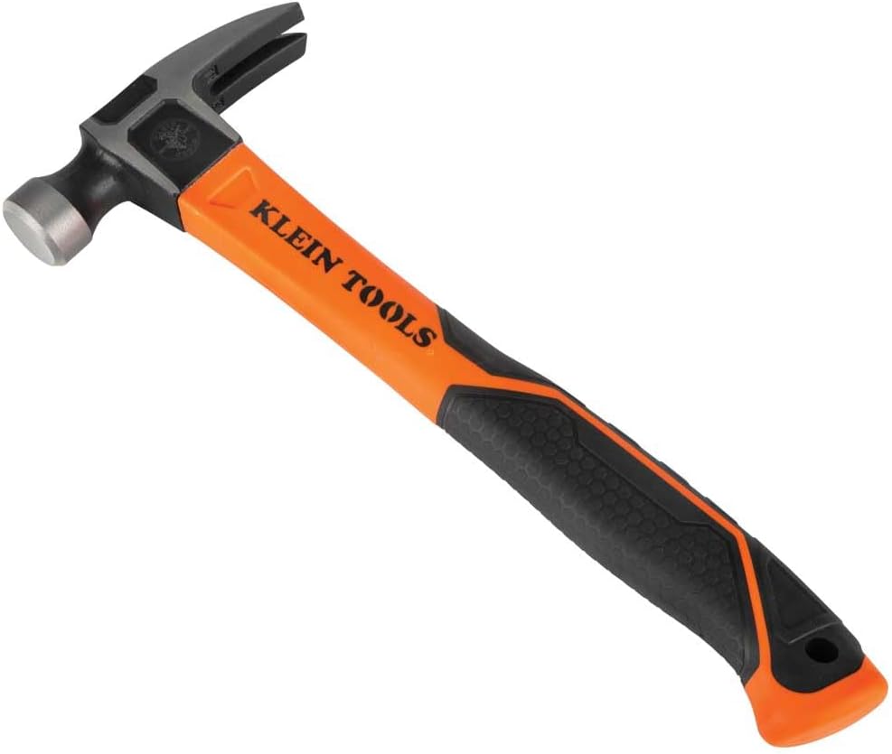 Klein Tools H80816 Straight-Claw Hammer with Smooth Head, 16-Ounce, Fiberglass Non-Slip Shock Absorbing Grip Handle with Tether Hole, 13-Inch