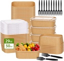DI QIU REN 50-Pack 29oz Disposable Kraft Paper Bowls【with Lids and Forks】, Meal Prep Containers Disposable Food Prep Containers Thanksgiving To Go Take Out Container, Microwave Safe for Hot/Cold Food