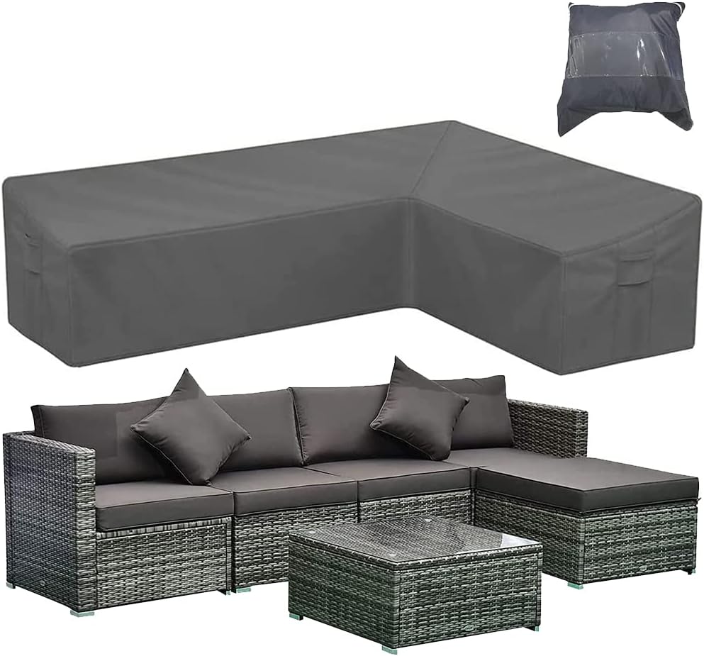 Patio Furniture Sectional Couch Sofa Cover Gray Weatherproof Heavy Duty 420D Oxford Outdoor L Shaped Sectional Garden Rattan Corner Sofa Furniture Protector Covers (Left Side Long: 112x87in)