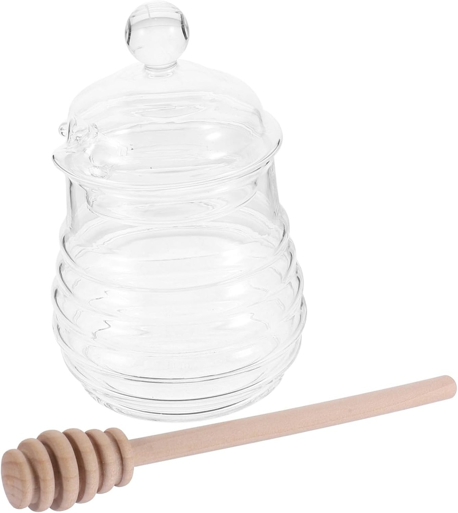 GLEAVI 1set Glass Honey Dipper Jar Honey Storage Jars Lid Dispenser Pot Mason for