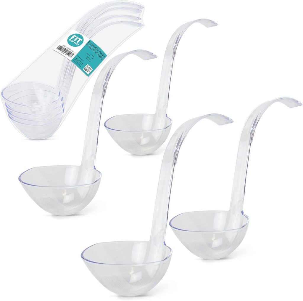 Fit Meal Prep Plastic Punch Bowl Ladle - Clear Serving Spoon for Dressings, Soup, Sauce, Fruit Juices in Cocktail Parties Banquets Catering, Disposable Commercial Grade Acrylic Scoop [Pack of 4] 5 oz