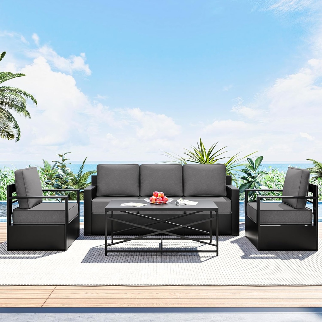 Outdoor Patio Furniture Set, 4-Piece Aluminum Patio Conversation Set All-Weather Metal Outdoor Sectional with 6 Inch Thick Cushions, Deep Setting for Garden, Outside and Porch