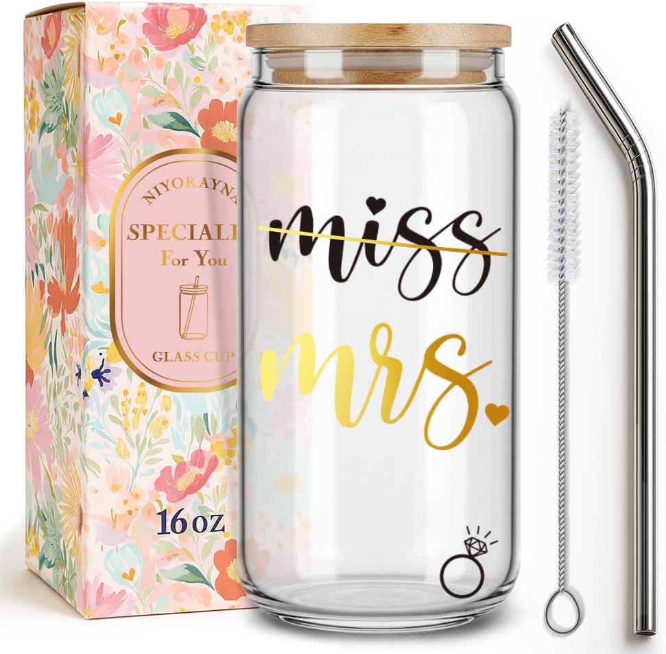 Miss to Mrs,Cute Bride Drinking Glass Cup Gifts for Bachelorettee Party,Engagement Gifts for Couples,Bridal Glass Tumbler with Lid and Straw for Women Bride Wifey Fiance,Wedding Gift for Her-16