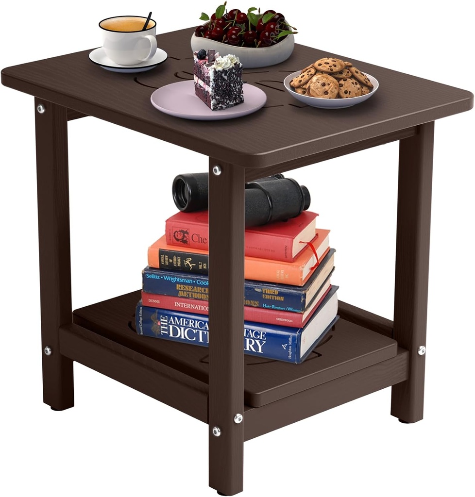 18.9x15x17.9in HDPE Outdoor Side Table, Weatherproof Small Outdoor Table for Adirondack, Patio, Porch, Balcony, Poolside (2-Tier, Coffee)