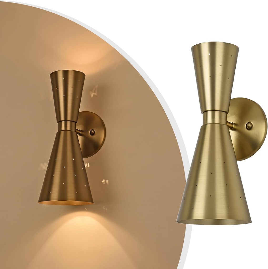 Brass Wall Sconce, Mid Century Modern Sconce Wall Lighting, Up Down Gold Wall Sconces E12 Base, Vintage Farmhouse Wall Lights Hardwired Wall Lamps for Bedroom Bathroom Living Room Staircase