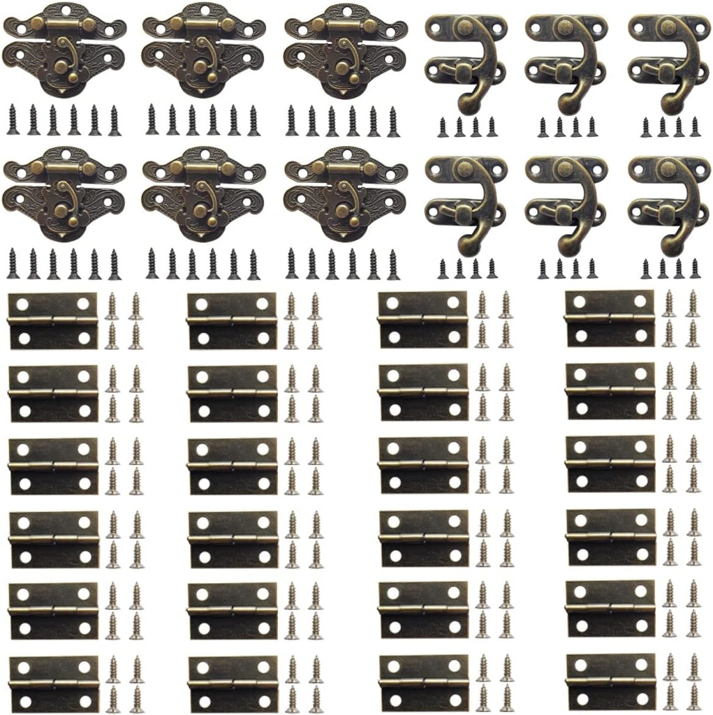 36 Sets Retro Jewelry Box Hinges and Latches Hooks, Small Latches Hinges for Wooden Boxes Hardware, Antique Cabinet Furniture Hinges Hasp Clasp - Bronze Tone (36pcs)