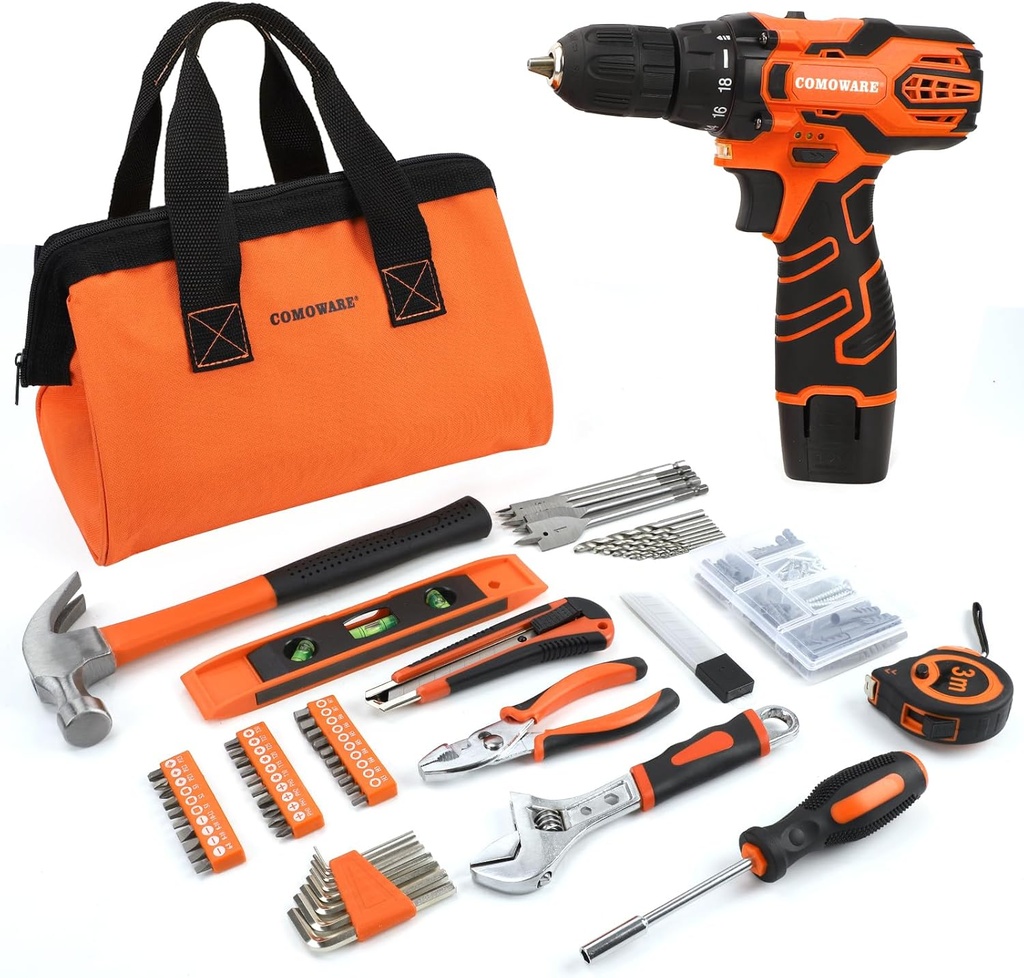 COMOWARE 12V Cordless Drill Set, 169Pcs Hand Tool Set with Cordless Drill Driver, Complete Repair Tool Kit for Men, Storage Bag, Ideal for Office, Garden, Dorm and DIY Project