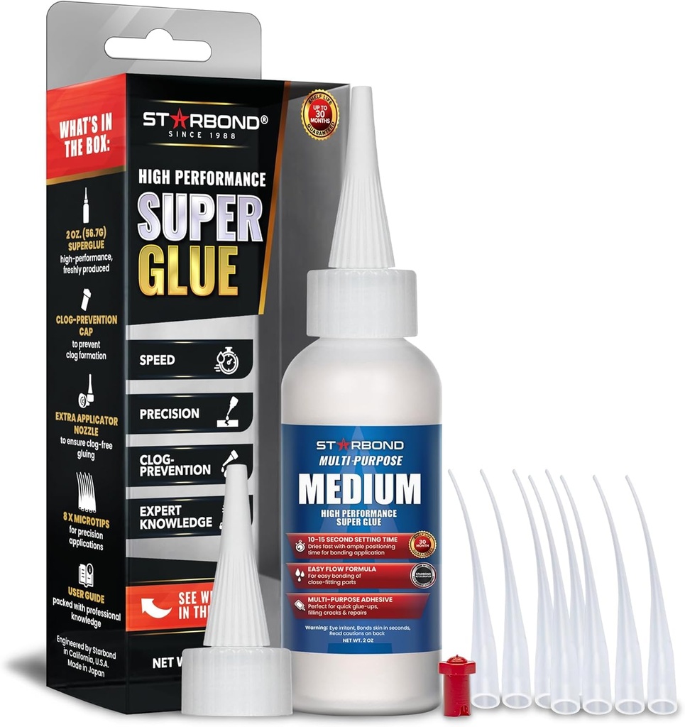 Starbond Medium Super Glue Pro Kit (2 oz) – Strong, Fast-Bonding CA Glue (Cyanoacrylate Adhesive) – with Clog-Resistant Cap, Microtips & Extra Nozzle for Quick Fixes, Woodworking, Hobby Models