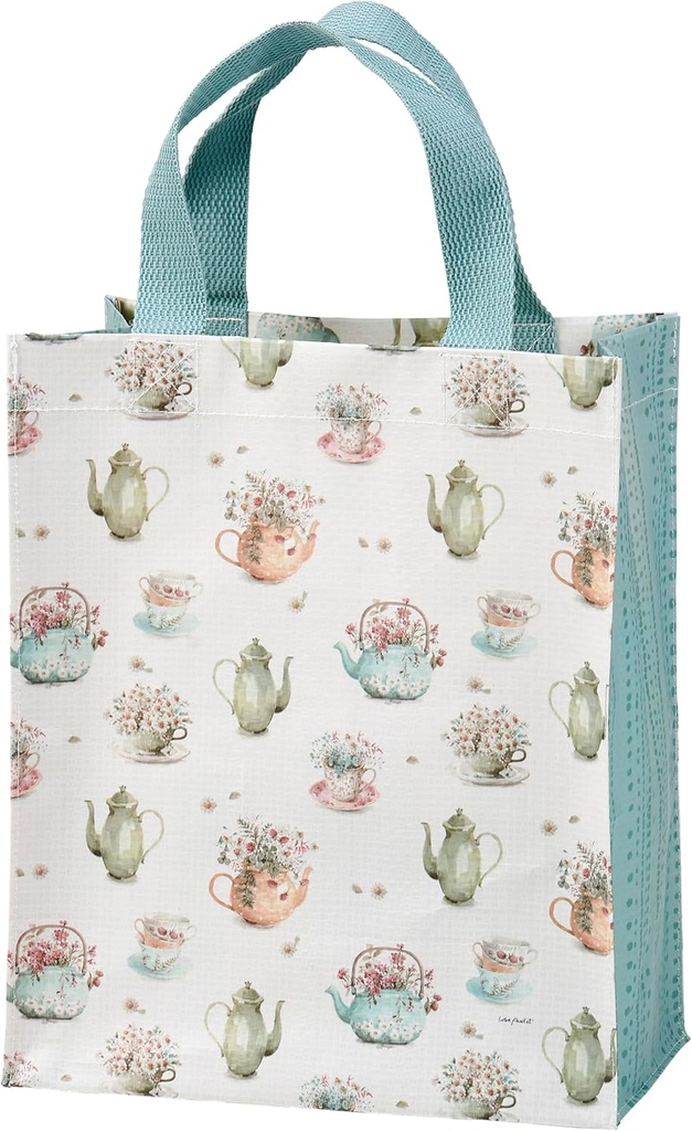 Primitives by Kathy Daily Tote - displaying designs of hand painted tea cups, tea pots, and tea kettles full of flowers all in a delicate watercolor style