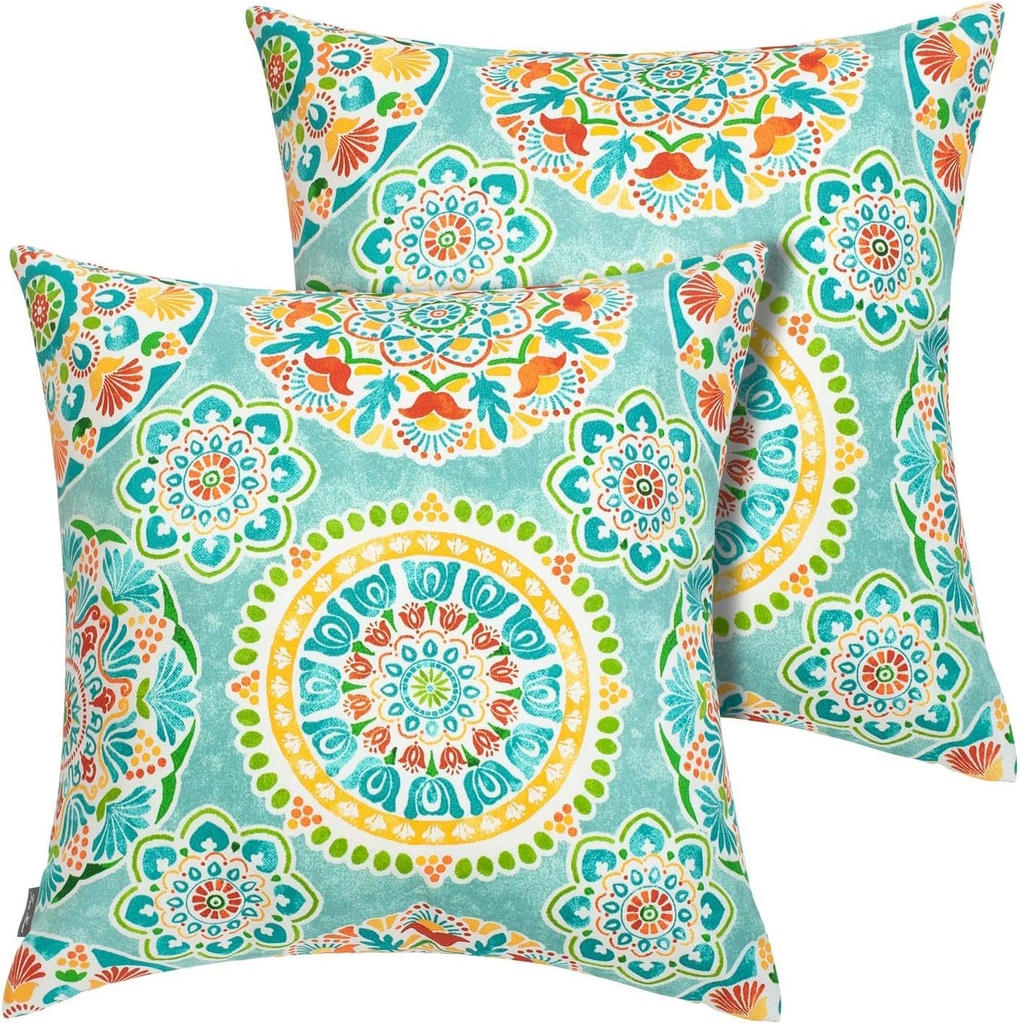 FUNHOME Outdoor Indoor Throw Pillows 18”x18”, Set of 2 Decorative Throw Pillows with Inserts, All Weather Water-Repellent Square Pillows for Bed, Couch, Sofa and Patio Furniture -Cyan Circle