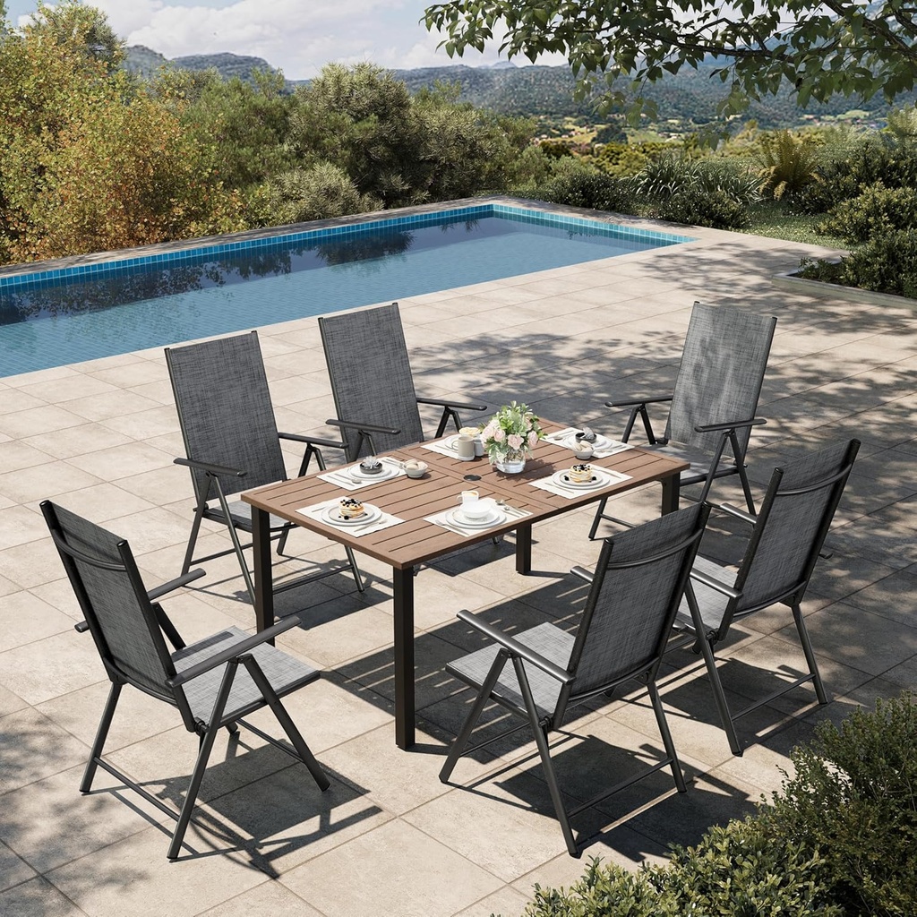HERA'S HOUSE 7-Piece Outdoor Dining Set for 6, 60" Weather-Resistant Metal Patio Table with 6 Foldable Grey Chairs, Perfect for Garden, Backyard, Porch & Lawn (Space-Saving Design)