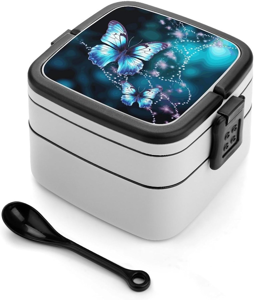 Beautiful Butterfly Bento Box Adult Lunch Box All-in-One Lunch Containers with Removable Compartments Double Layer Bento Lunch Box with Spoon And Handle Stackable Lunchbox