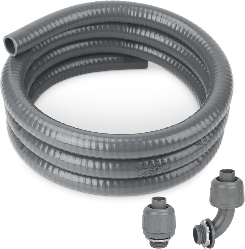 Electrical Conduit Kit 1/2'' 6FT Grey Electrical AC Whip Kit, Liquid-Tight Flexible Electrical Conduit with 90 Degree and Straight Connector Fittings