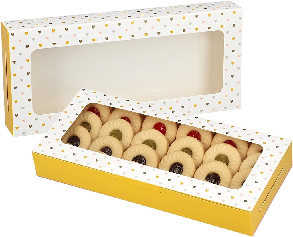 20 Pack Bakery Boxes with Window Small 9.5x4.3x1.4 inch for Sugar Cookie, Chocolate Covered Strawberry, Cake, Candy, Tart, Pie (Two-Tone Yellow)