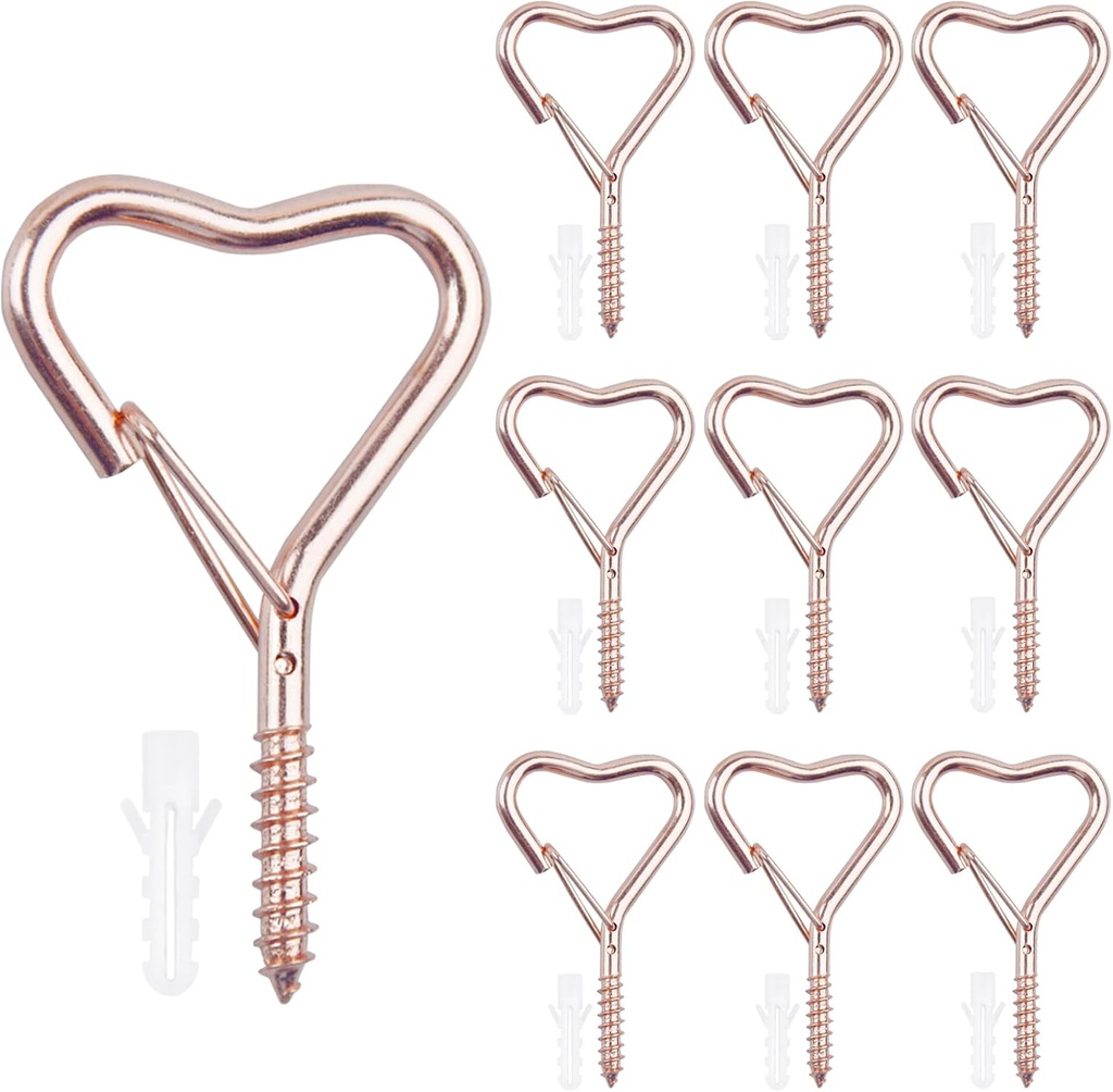 Hooks for Hanging - Ceiling Hooks for Outdoor Decor, Metal Key Hook, Decorative Plant Hanging, Clothes Hook, Heart-Shaped Screw Hooks Easy Installation (Rose Gold, 10Pcs)