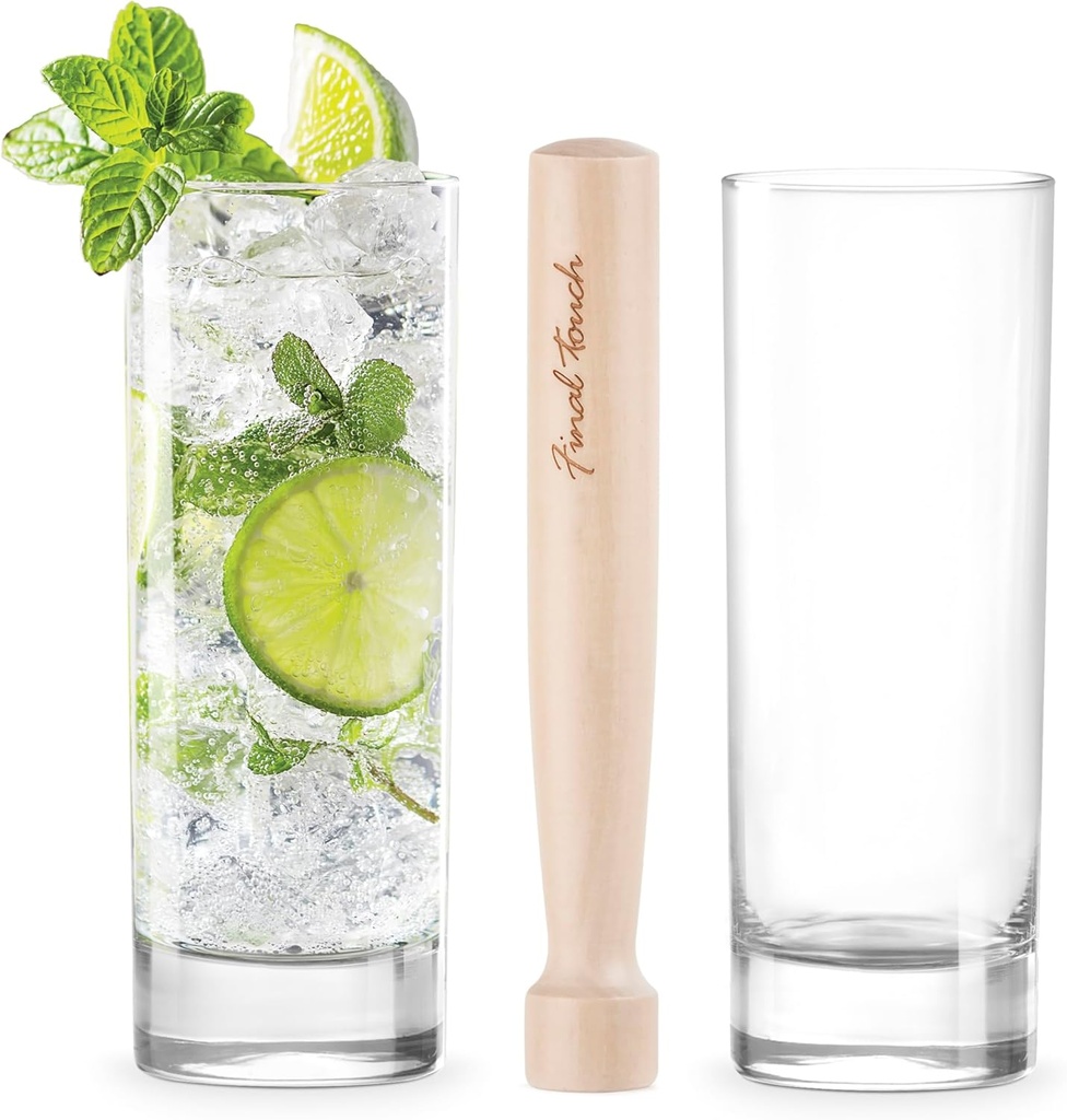 Final Touch Premium Mojito Set - Includes 2 Tom Collins Glasses & Wooden Muddler - 10oz Slim Highball Glasses with Thick Base - Complete Cocktail Kit for Perfect Mojitos (FTA1835)