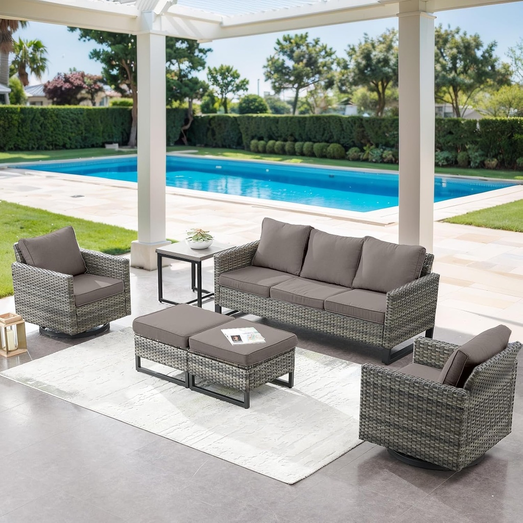 6 Piece Wicker Patio Furniture Set - Outdoor Swivel Rocker Chairs Set with Side Table, 3 Seat Sofa and Ottomans, Small Patio Conversation Sets Proch Furniture for Balcony Deck - Grey/Grey