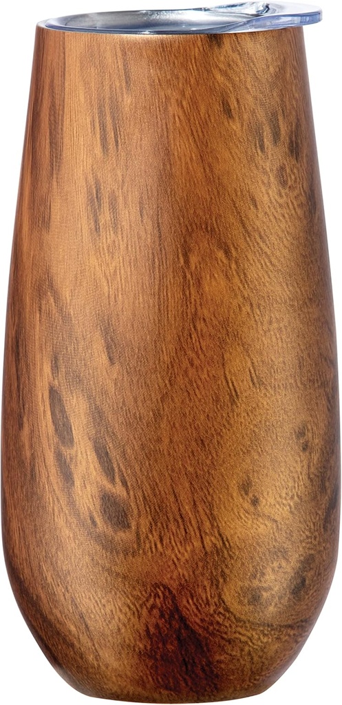 OGGI Thermo Flute 'Celebrate Collection' Stainless Steel Insulated Champagne Flute Tumbler - Wood Grain, 6oz, with clear sip lid.