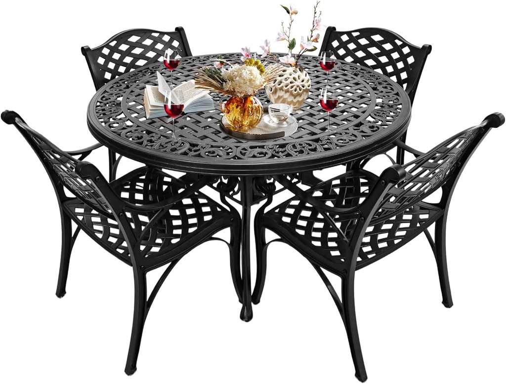 5 Piece Patio Dinning Set Weather Resistant Outdoor Dining Table and Chairs Set, Cast Aluminum Patio Furniture Set for 4 with Umbrella Hole, Black Bistro Dining Set for Garden/Porch/Yard
