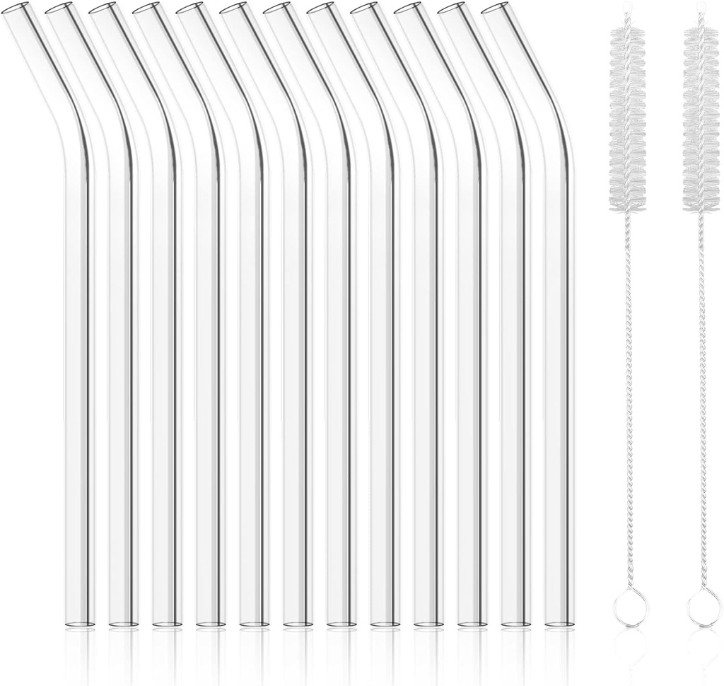 Antner 12 Pack Reusable Glass Straw, 8.5" x 10MM Bent Clear Glass Drinking Straws for Hot & Cold Drinks, 2 Cleaning Brushes Included