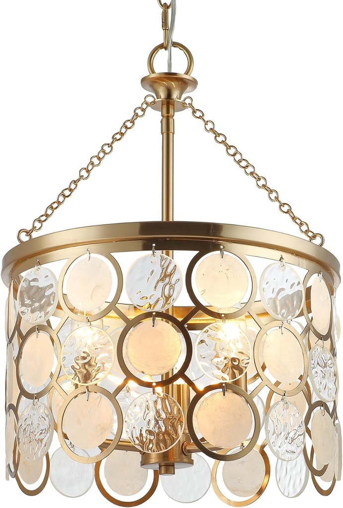 Kira Home Estelle 18" Modern Chic 3-Light Crystal Pendant Chandelier, Wavy Glass + Capiz Shell Accents, Cool Brass Finish