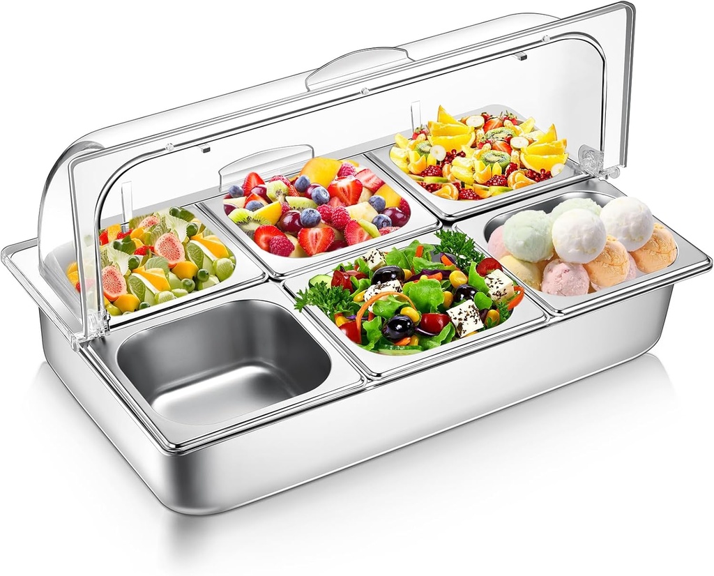6 Pan Countertop Ice Food Serving Display Container Cooled Condiment Dispenser Stainless Steel Food Serving Tray Display Rack with Clear Roll Top Cover for Buffet Restaurant Hotel Kitchen Party