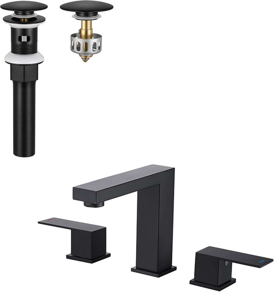 KES Bathroom Sink Drain with Strainer Basket Hair Catcher Black Bathroom Faucet 8 Inch Widespread, S2013A-BK-KES+L4350LF-BK