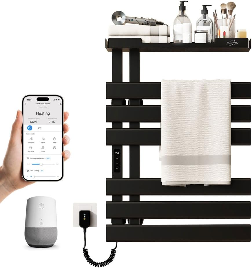Electric Towel Warmer Rack Voice Control,Smart Heated Towel Rack with Top Shelf,WiFi Heated Towel Rack Wall Mounted,Towel Warming Rack with Led Timer,115-155℉,Flat Widen 6 Bar,Black