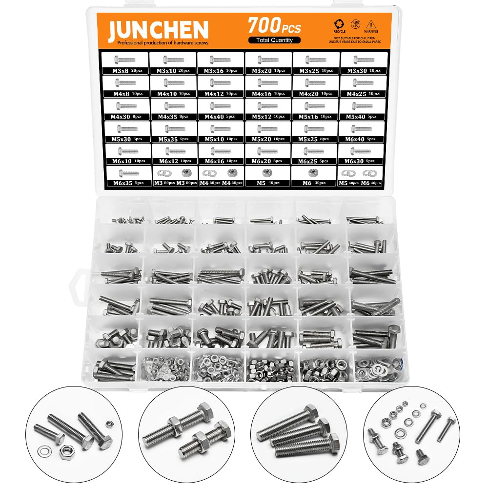 700pcs Metric 304 Stainless Steel Washer,Nut and Bolt Assortment Kit,39 Sizes M3 M4 M5 M6 Hex Head Cap Screw Bolt Washer Kit with Bolt Organizer Bin for electronic product, small repair of door handle